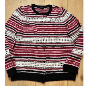 Talbots Fair Isle Striped Wool Blend Cardigan – Red Black White – Size XL